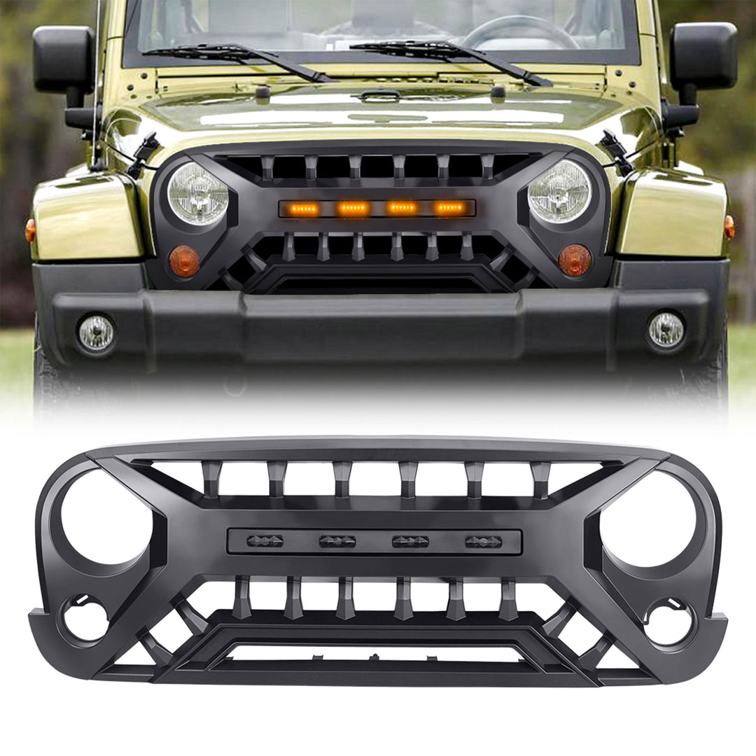 AMERICAN MODIFIED Armor Grille with Amber Lights, 07-08 Jeep Wrangler JK, Black