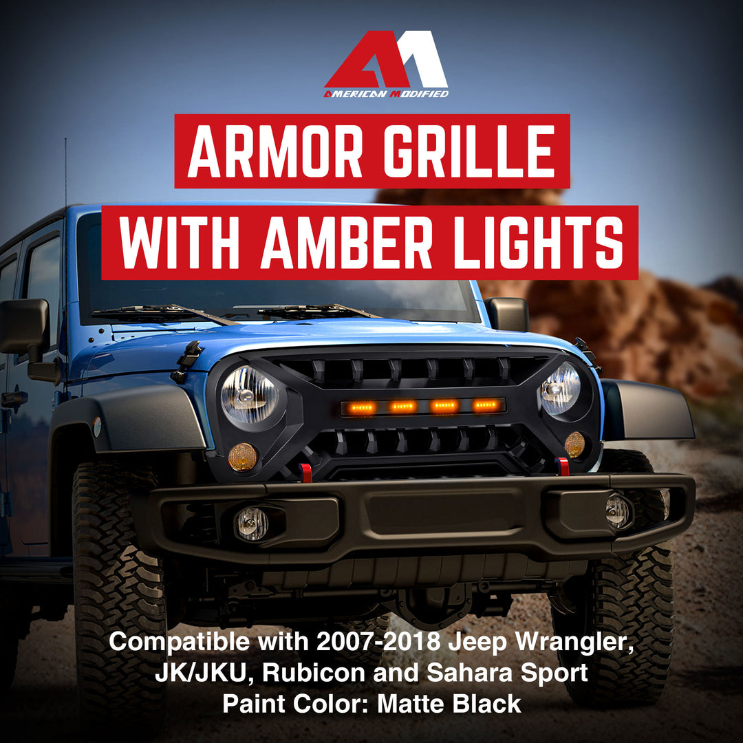 AMERICAN MODIFIED Armor Grille with Amber Lights, 07-08 Jeep Wrangler JK, Black