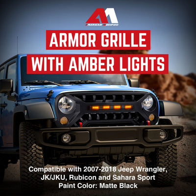 AMERICAN MODIFIED Grille w/Amber Lights, 07-08 Jeep Wrangler JK, Black(Open Box) - VMInnovations