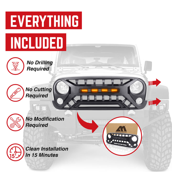 AMERICAN MODIFIED Armor Grille with Amber Lights, 07-08 Jeep Wrangler JK, Black