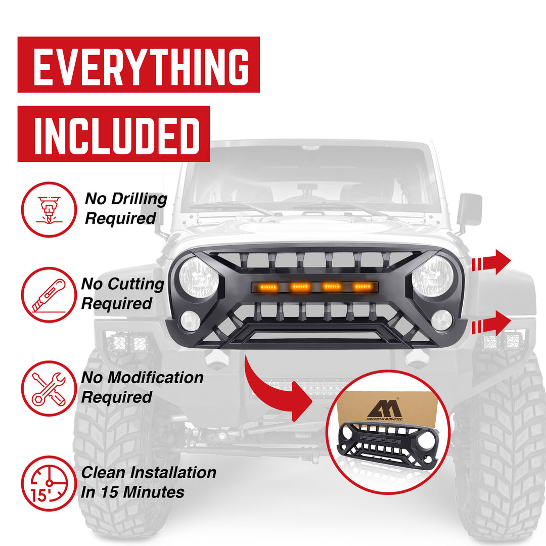 AMERICAN MODIFIED Grille w/Amber Lights, 07-08 Jeep Wrangler JK, Black(Open Box)