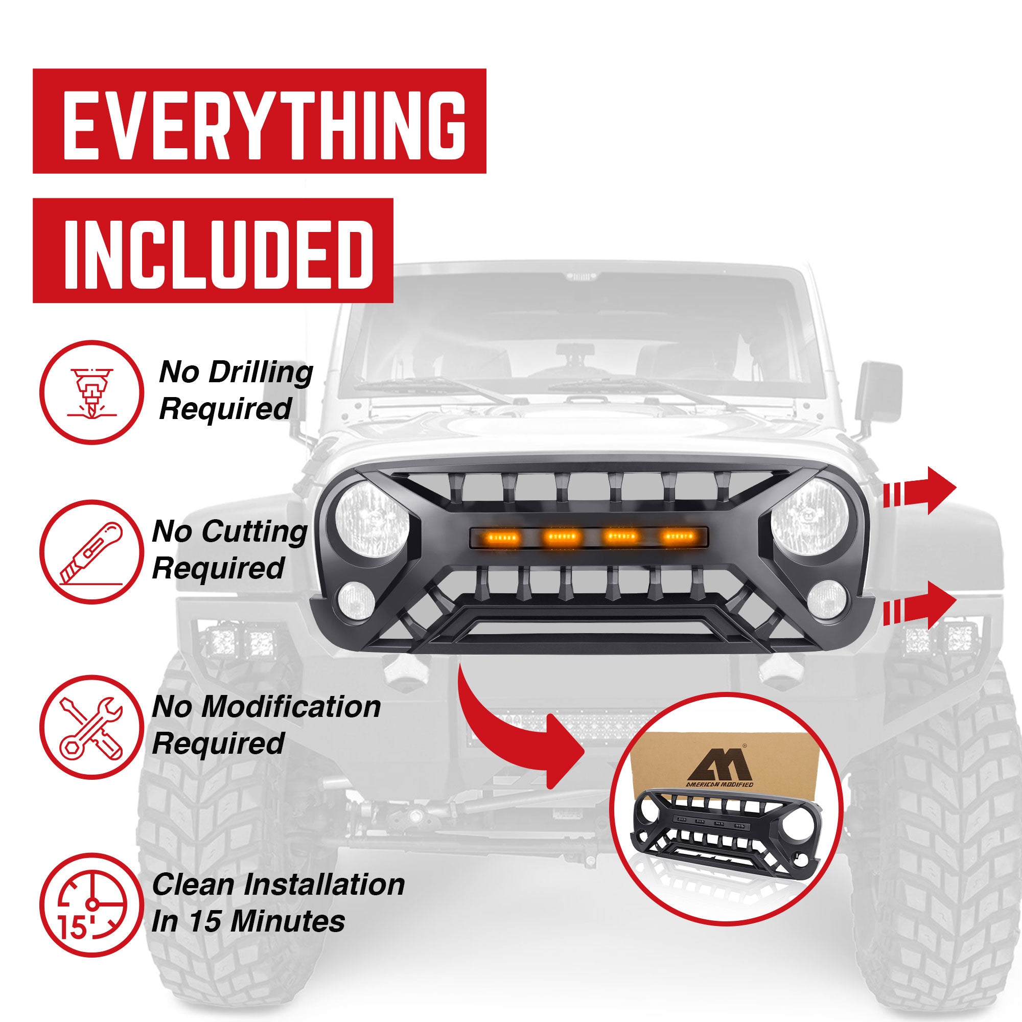 AMERICAN MODIFIED Grille w/Amber Lights, 07-08 Jeep Wrangler JK, Black(Open Box) - VMInnovations