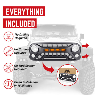 AMERICAN MODIFIED Grille w/Amber Lights, 07-08 Jeep Wrangler JK, Black(Open Box) - VMInnovations