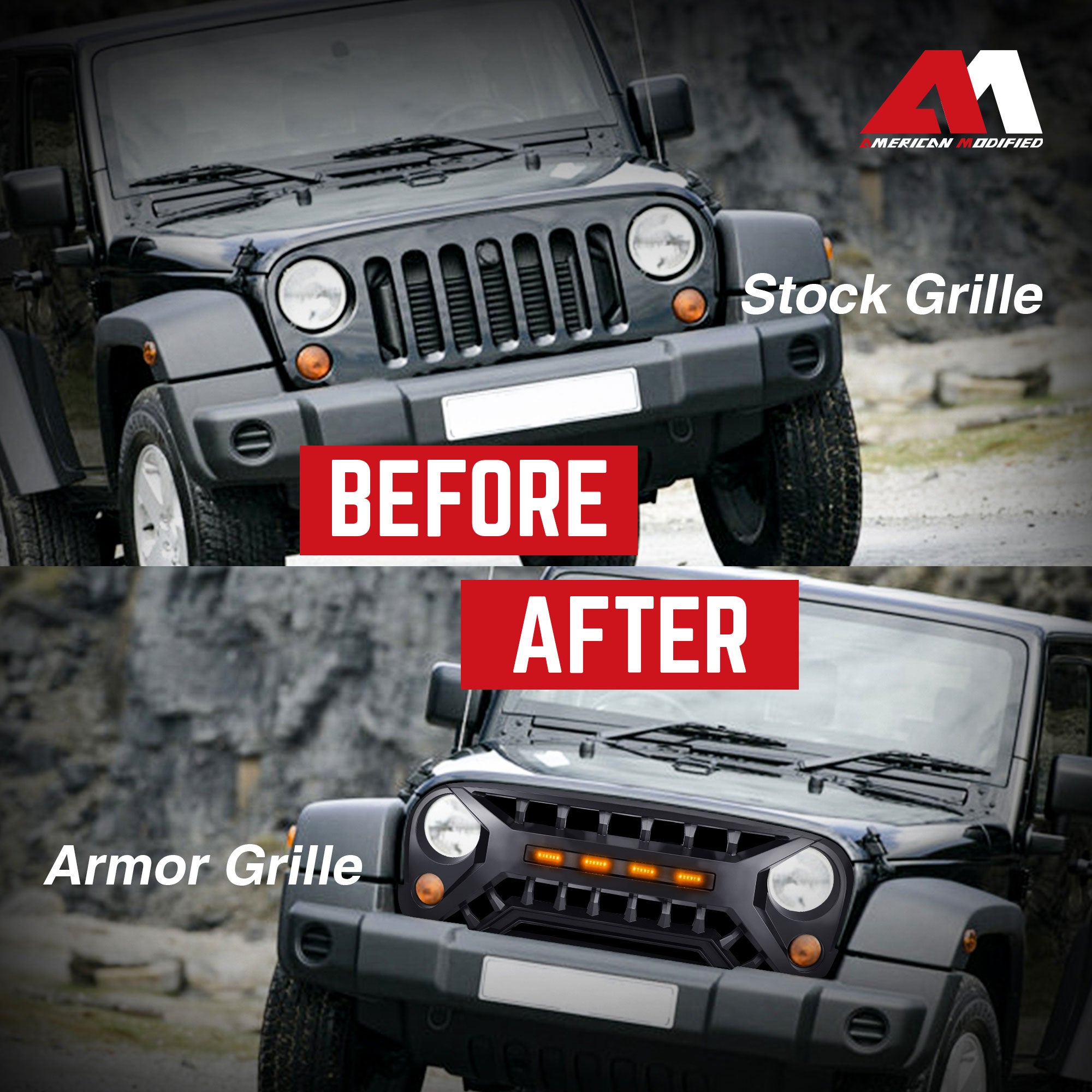 AMERICAN MODIFIED Grille w/Amber Lights, 07-08 Jeep Wrangler JK, Black(Open Box) - VMInnovations