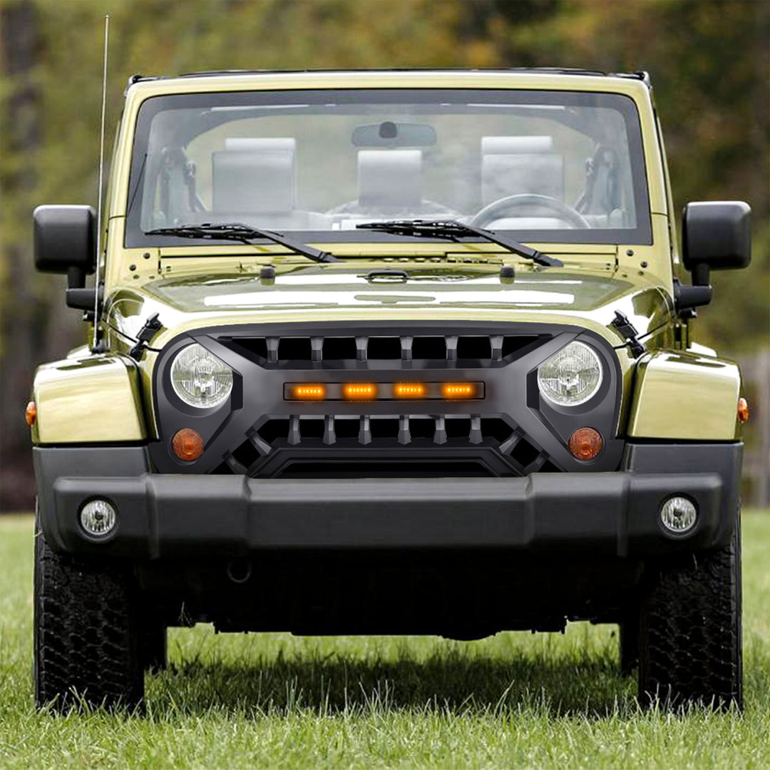 AMERICAN MODIFIED Armor Grille with Amber Lights, 07-08 Jeep Wrangler JK, Black