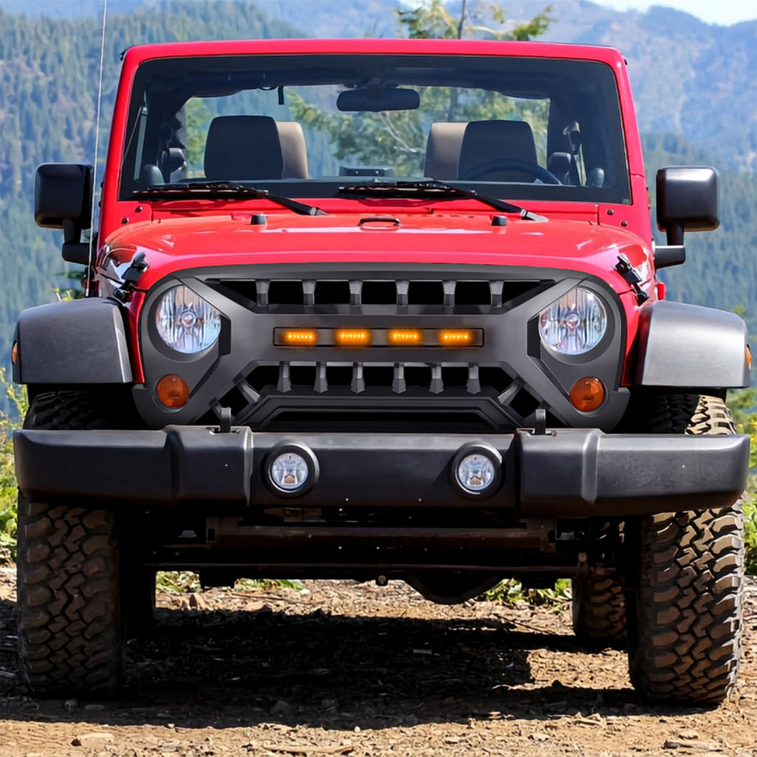 AMERICAN MODIFIED Grille w/Amber Lights, 07-08 Jeep Wrangler JK, Black(Open Box)