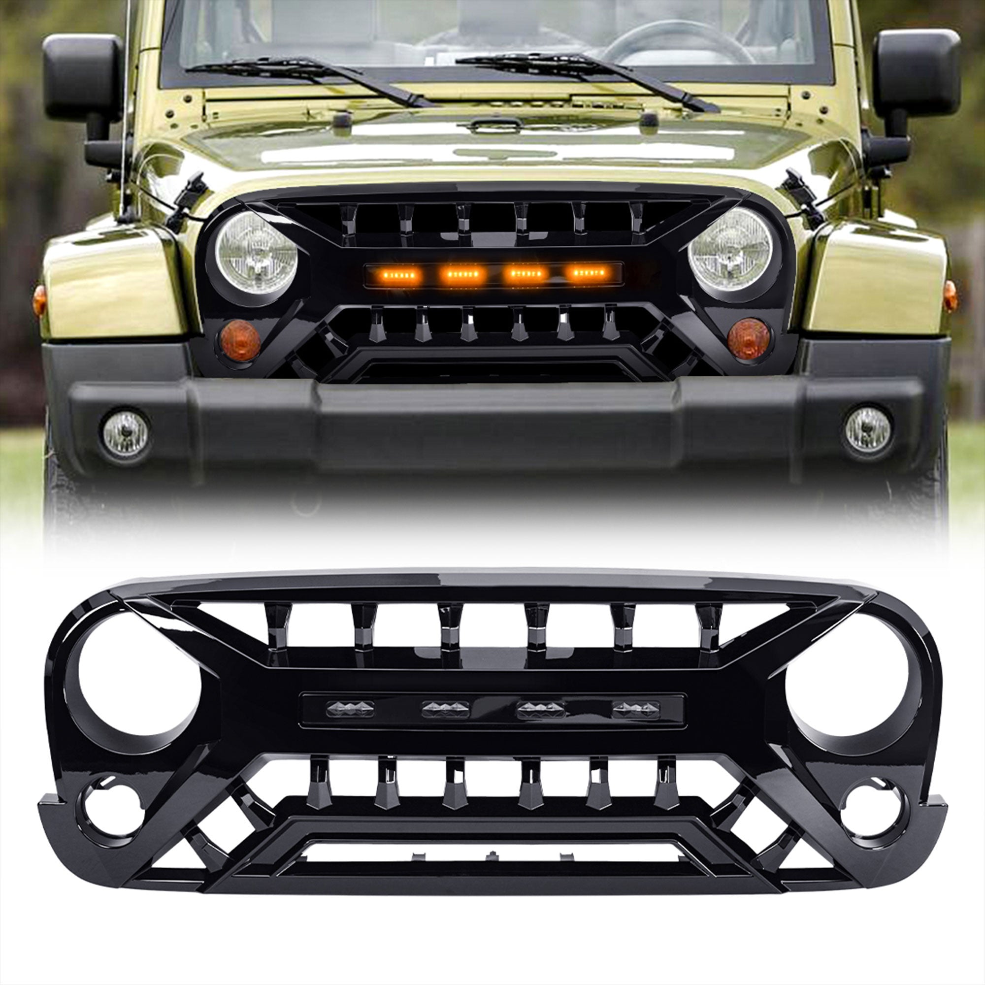 AMERICAN MODIFIED Armor Grille 07-18 Jeep Wrangler JK w/ Amber LED, Glossy Black - VMInnovations