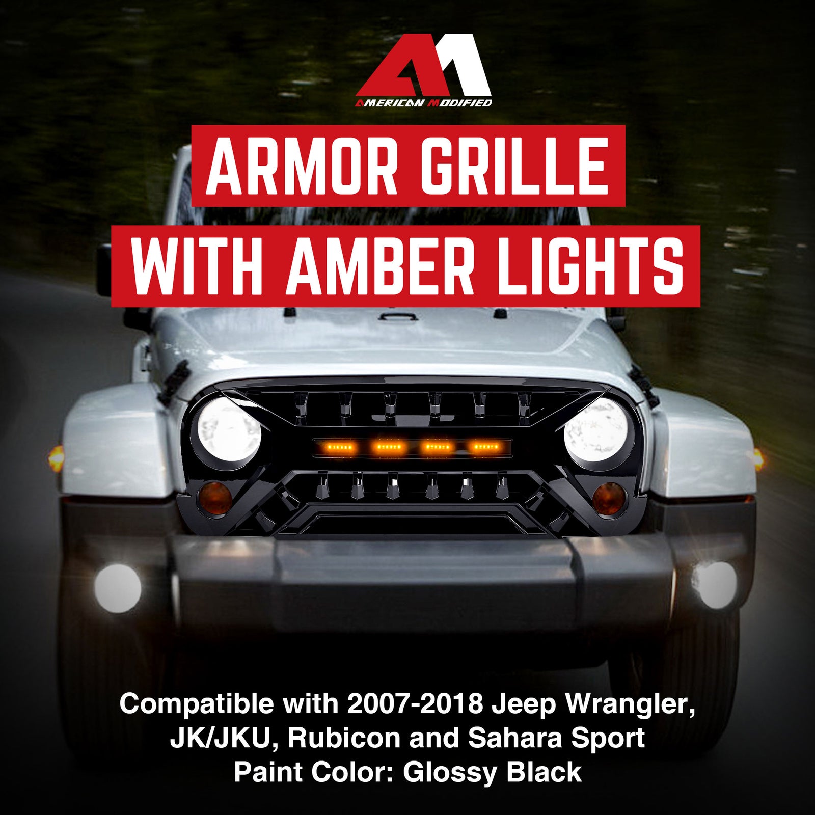 AMERICAN MODIFIED Armor Grille 07-18 Jeep Wrangler JK w/ Amber LED, Glossy Black - VMInnovations