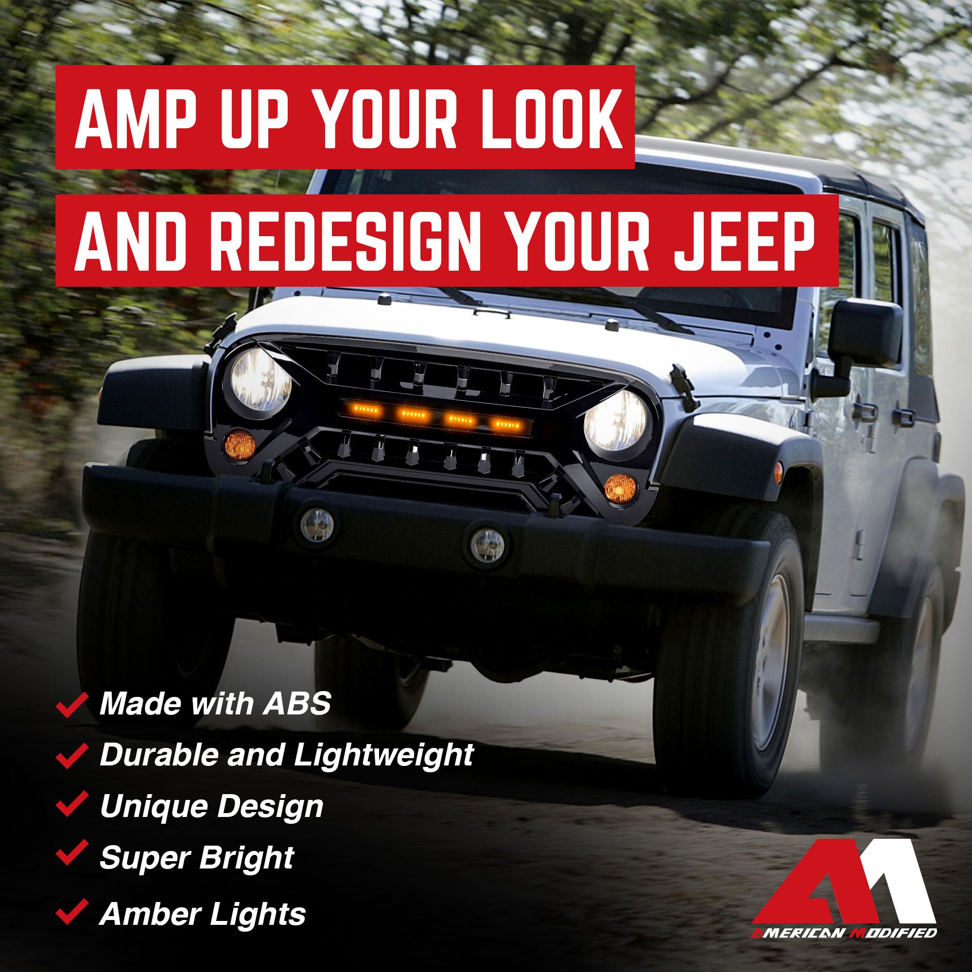AMERICAN MODIFIED Armor Grille 07-18 Jeep Wrangler JK w/ Amber LED, Glossy Black - VMInnovations