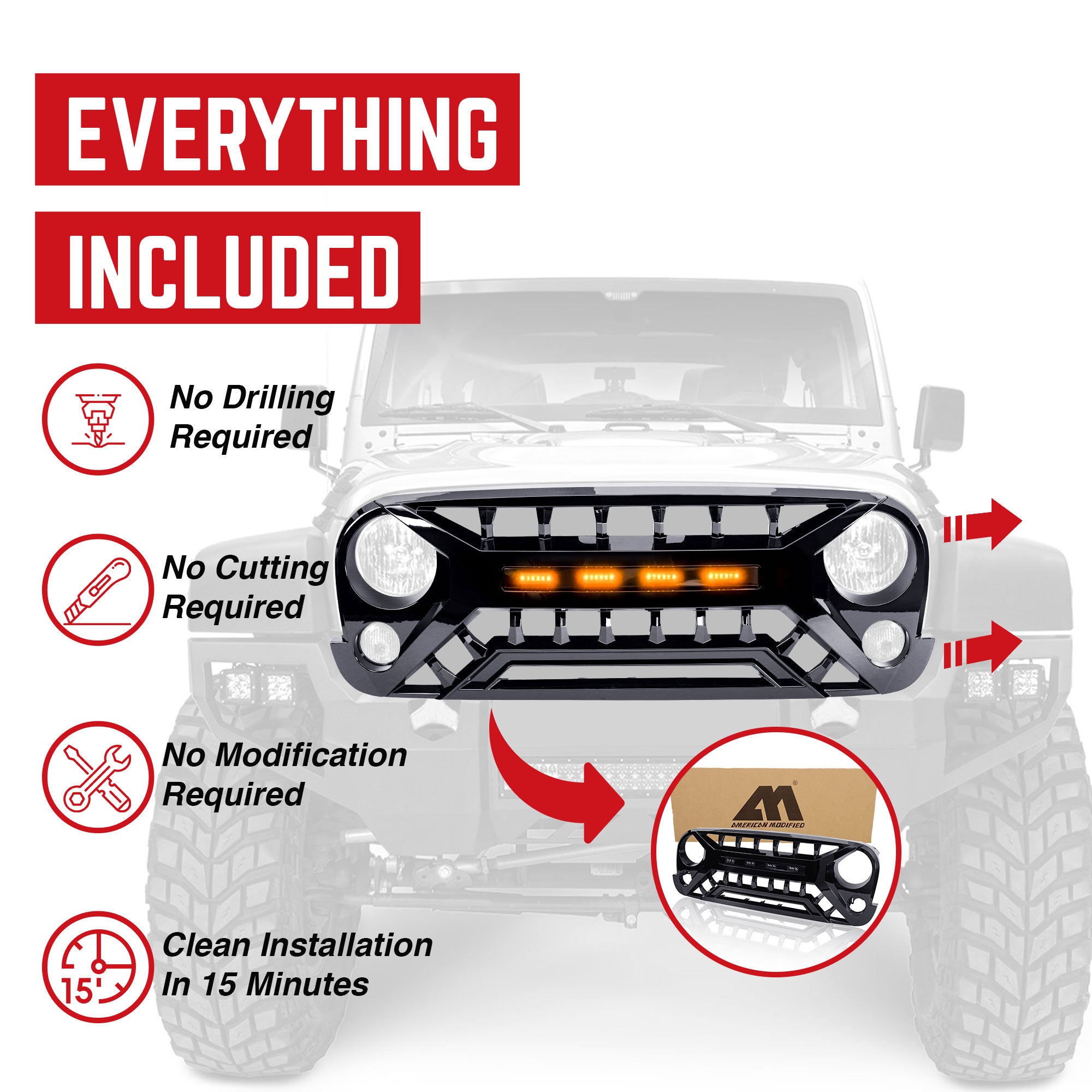 AMERICAN MODIFIED Armor Grille 07-18 Jeep Wrangler w/Amber LED, Black (Open Box) - VMInnovations