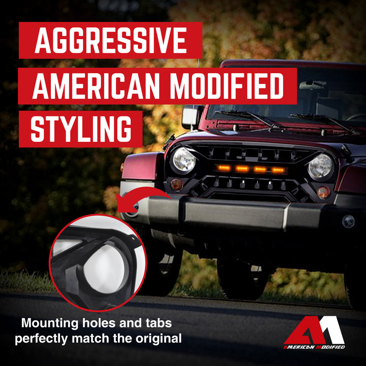 AMERICAN MODIFIED Armor Grille 07-18 Jeep Wrangler JK w/ Amber LED, Glossy Black