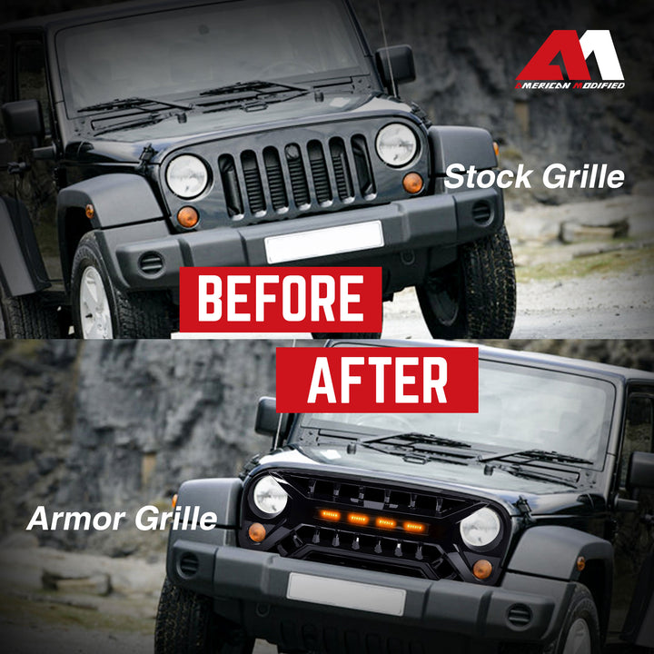 AMERICAN MODIFIED Armor Grille 07-18 Jeep Wrangler w/Amber LED, Black (Open Box)