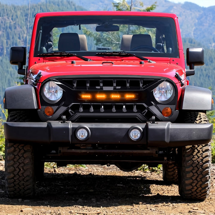 AMERICAN MODIFIED Armor Grille 07-18 Jeep Wrangler JK w/ Amber LED, Glossy Black