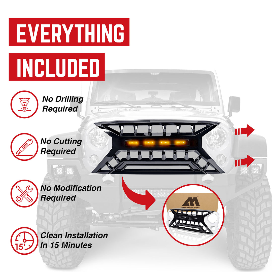 AMERICAN MODIFIED Armor Grille 07-18 Jeep Wrangler JK w/ Amber LED, White/Black