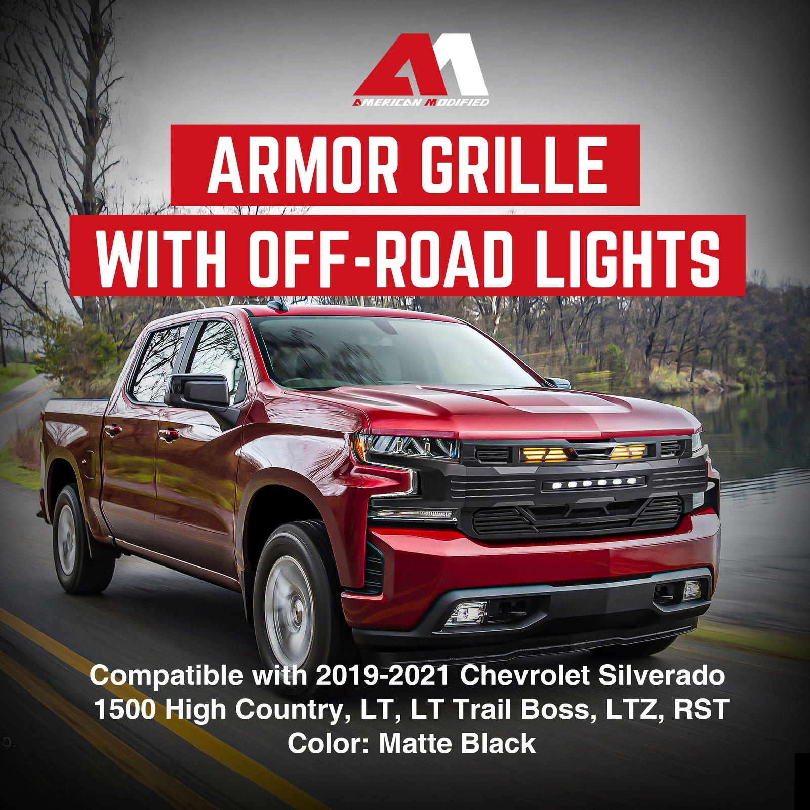 AMERICAN MODIFIED Armor Grille for 2019-2021 Chevy Silverado 1500, Matte Black - VMInnovations