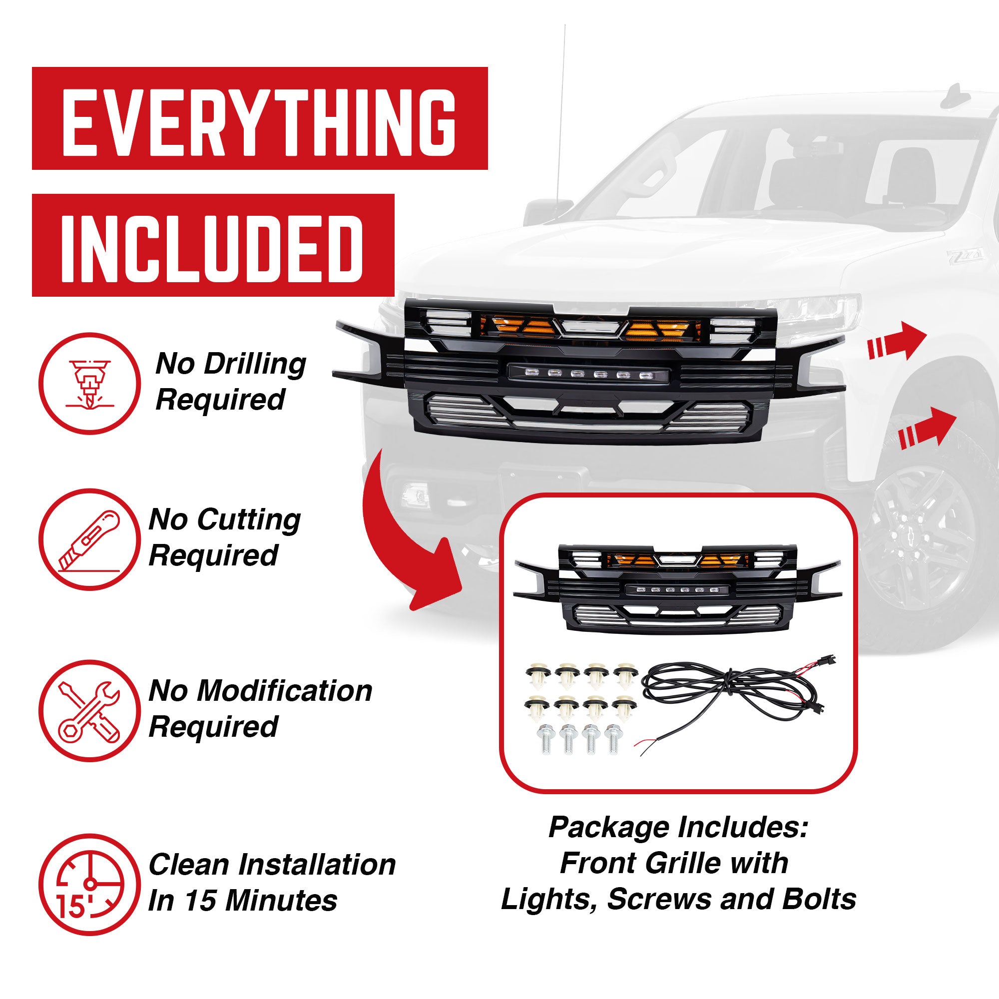 American Modified Armor Grille for 2019-2021 Chevy Silverado 1500, Glossy Black - VMInnovations