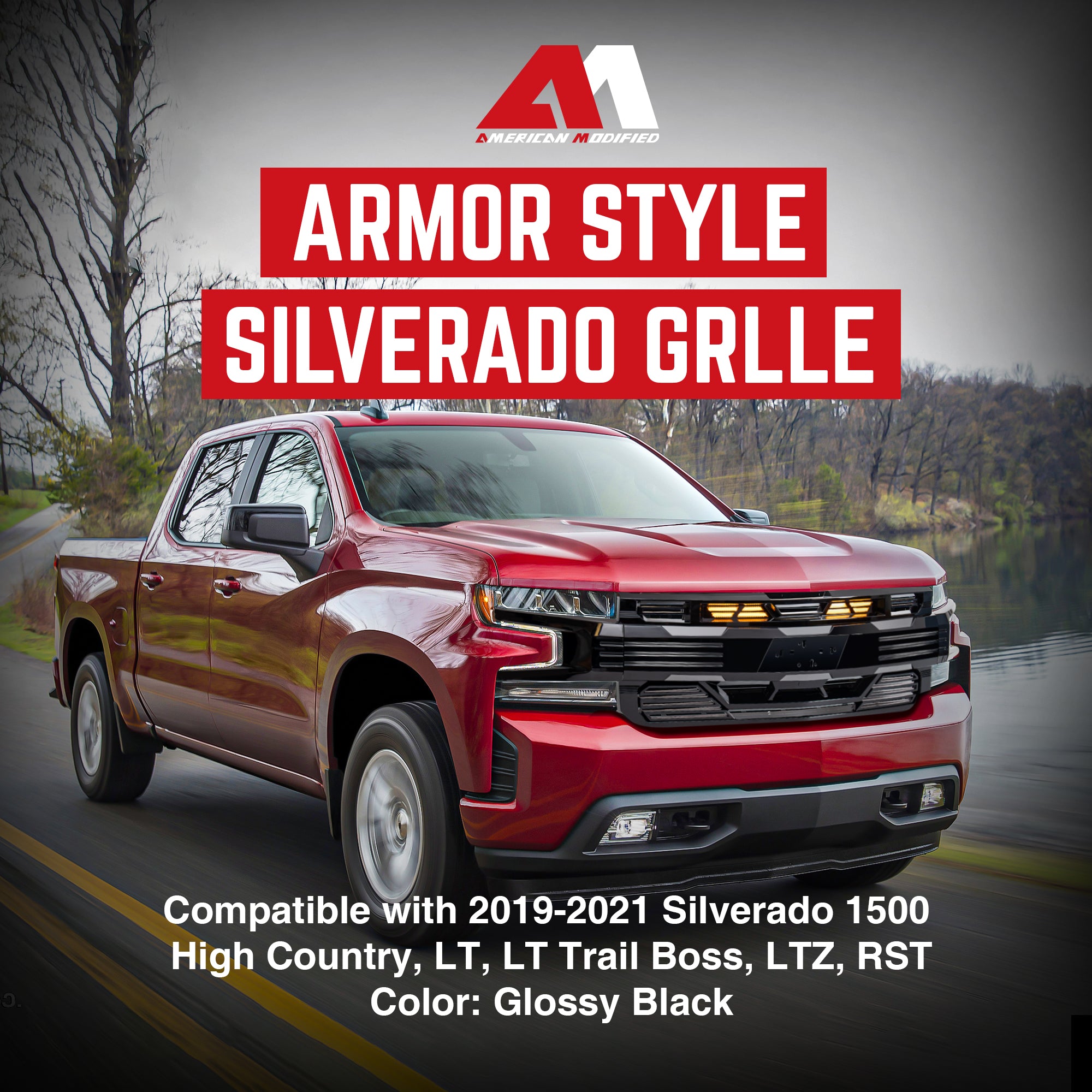 American Modified Armor Grille for 2019-2021 Chevy 1500, Glossy Black (Open Box) - VMInnovations