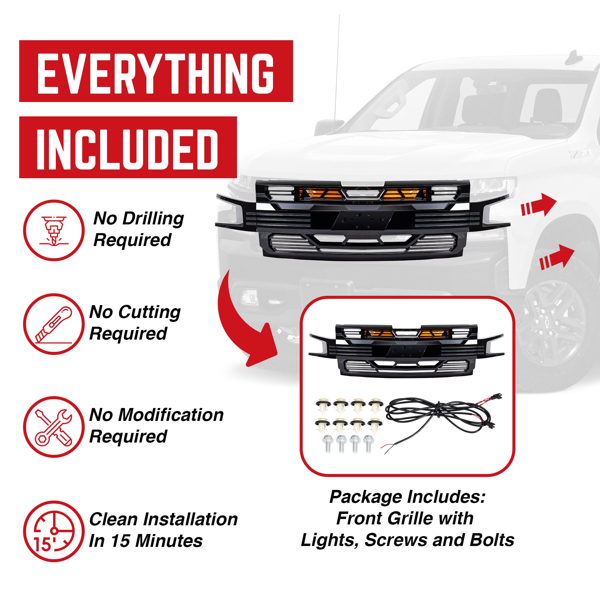 American Modified Armor Grille for 2019-2021 Chevy Silverado 1500, Glossy Black - VMInnovations