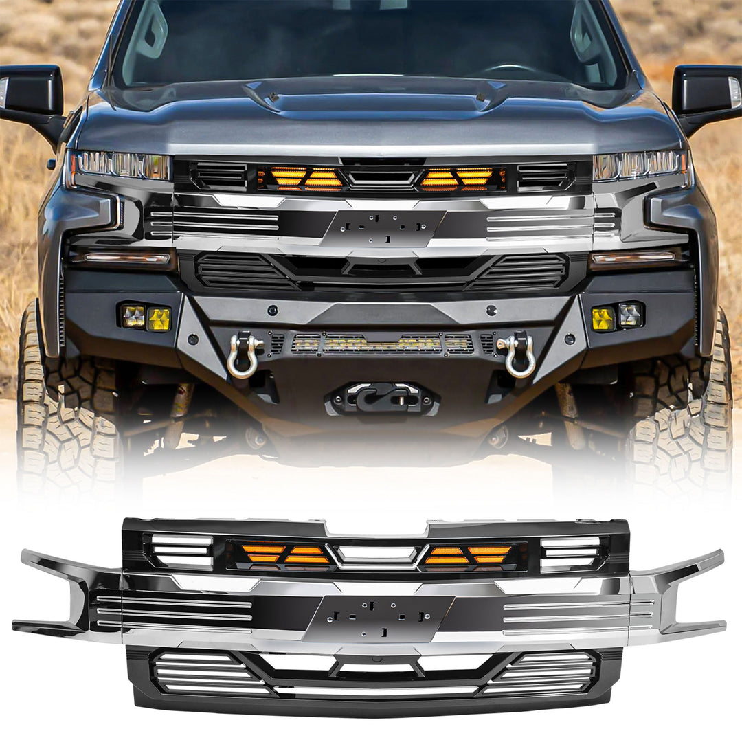 AMERICAN MODIFIED Grille w/Emblem Base for 19-21 Chevy Silverado 1500, Chrome