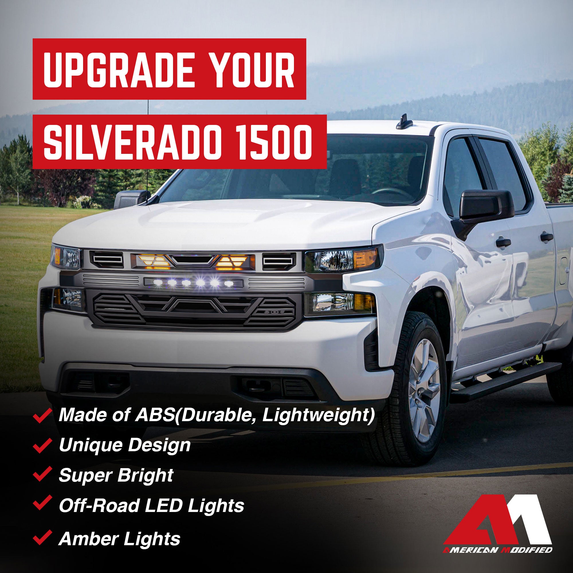 AMERICAN MODIFIED Grille w/ Lights for 19-21 Chevy Silverado 1500, Matte Black - VMInnovations