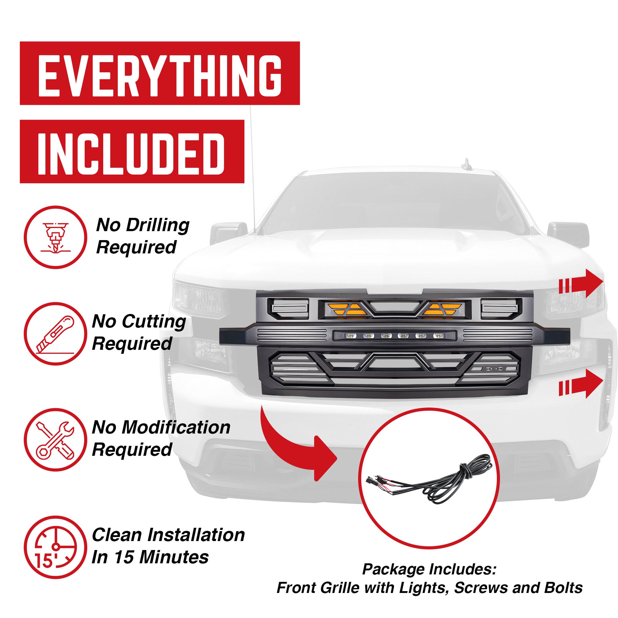 AMERICAN MODIFIED Grille w/ Lights for 19-21 Chevy Silverado 1500, Matte Black - VMInnovations