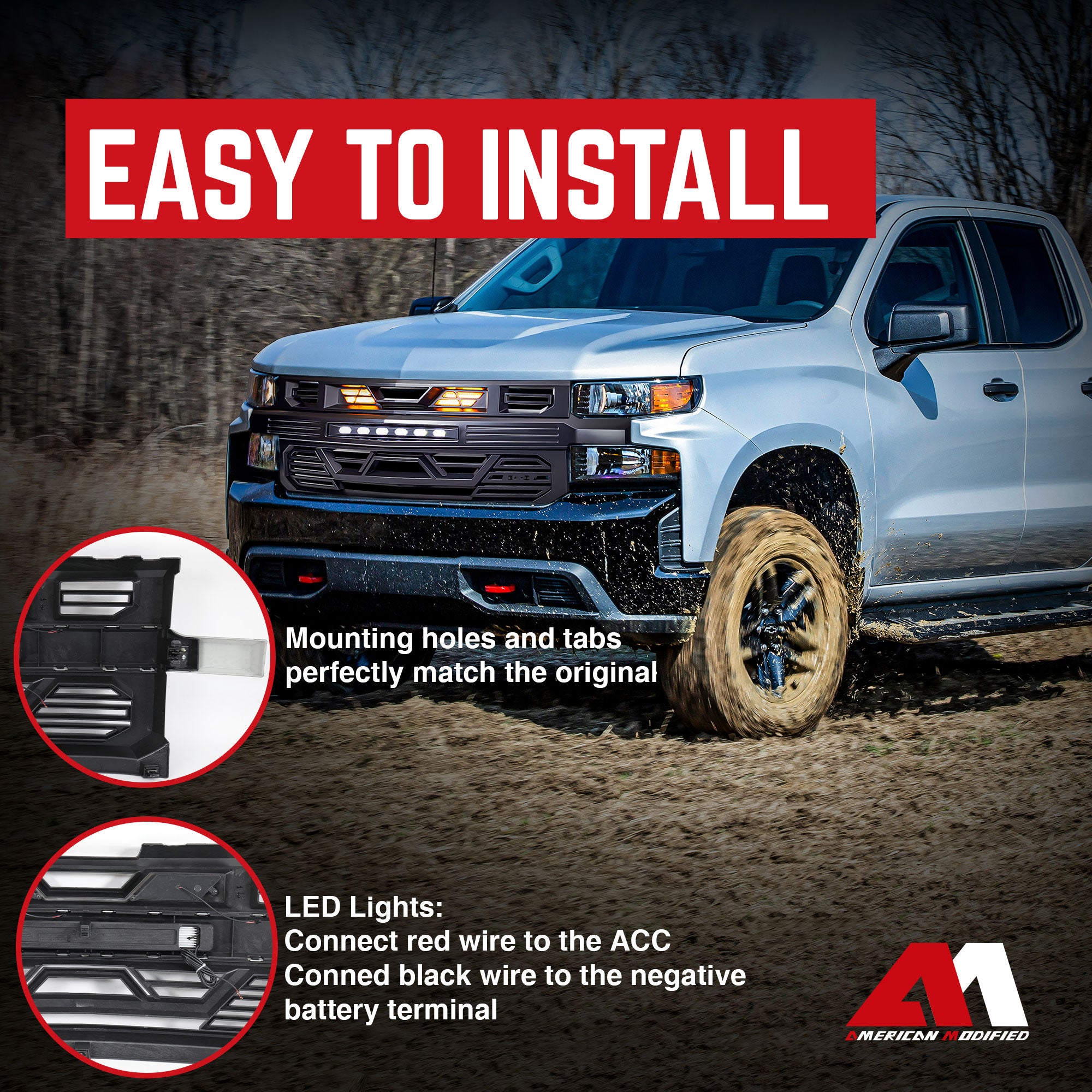 AMERICAN MODIFIED Grille w/ Lights for 19-21 Chevy Silverado 1500, Matte Black - VMInnovations