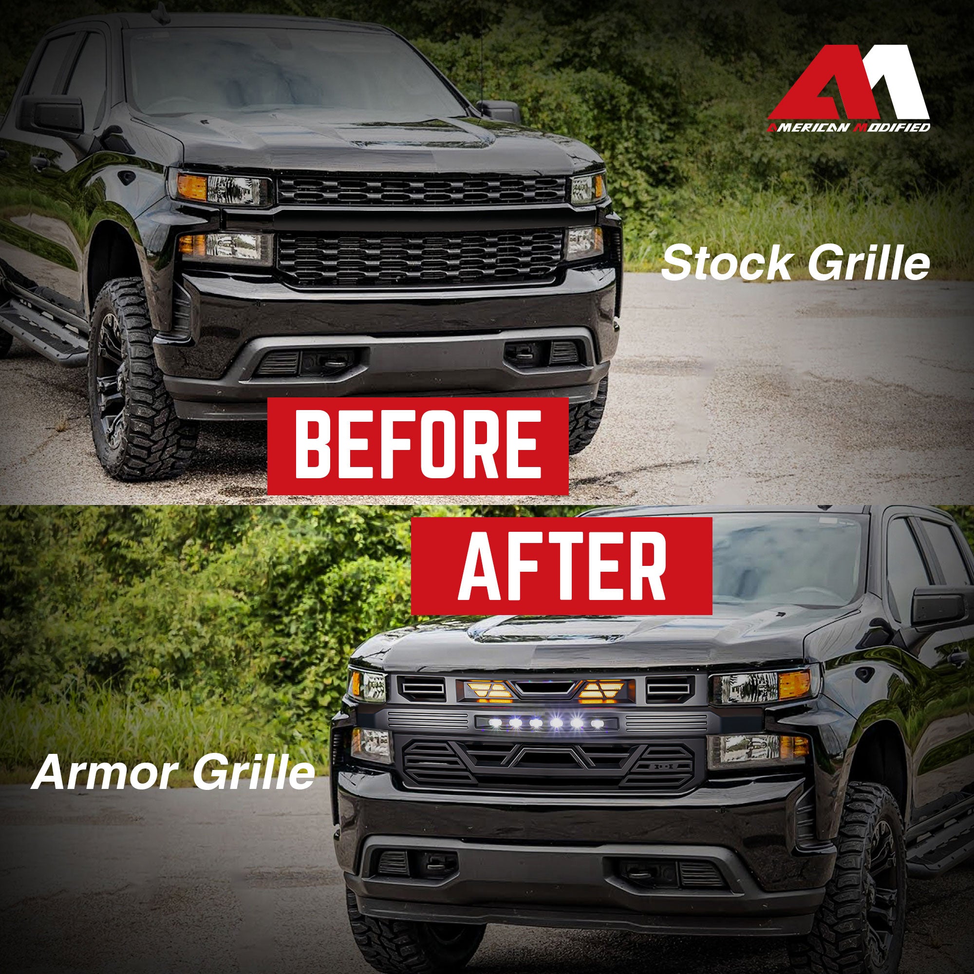 AMERICAN MODIFIED Grille w/ Lights for 19-21 Chevy Silverado 1500, Matte Black - VMInnovations