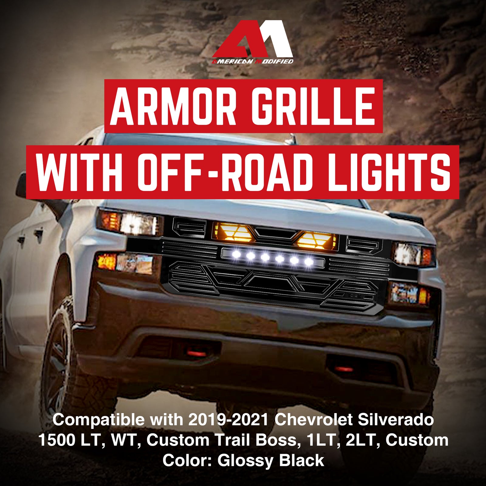 AMERICAN MODIFIED Grille w/ Lights for 19-21 Chevy Silverado 1500, Glossy Black - VMInnovations