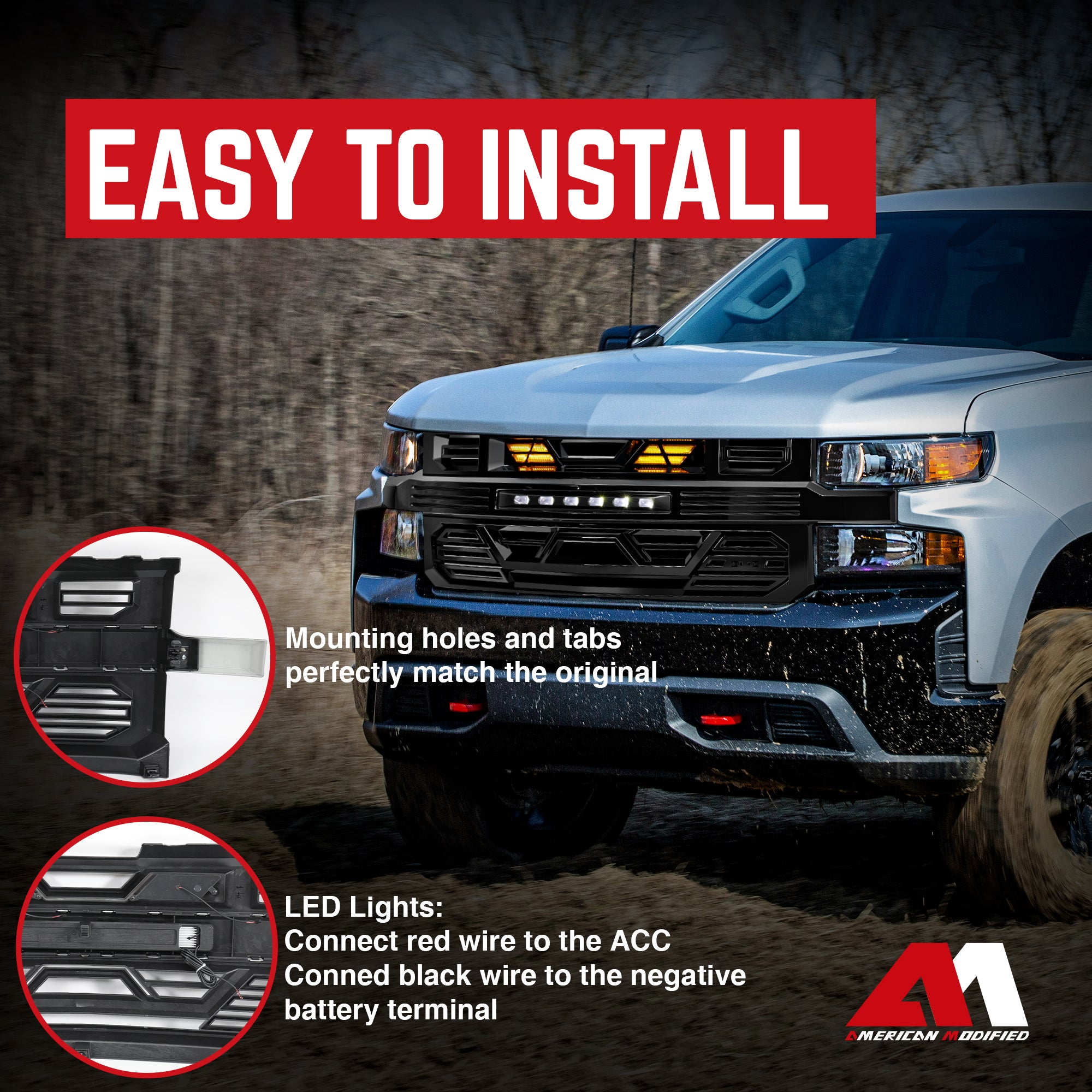 AMERICAN MODIFIED Grille w/ Lights for 19-21 Chevy Silverado 1500, Glossy Black - VMInnovations