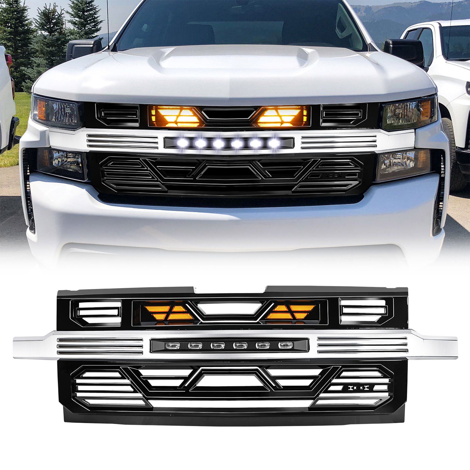 AMERICAN MODIFIED Armor Grille w/ Lights for 19-21 Chevy Silverado 1500, Chrome - VMInnovations