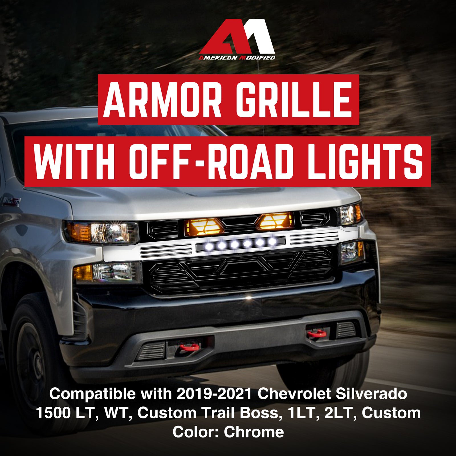 AMERICAN MODIFIED Armor Grille w/ Lights for 19-21 Chevy Silverado 1500, Chrome - VMInnovations
