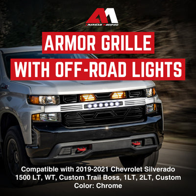 AMERICAN MODIFIED Armor Grille w/ Lights for 19-21 Chevy Silverado 1500, Chrome - VMInnovations