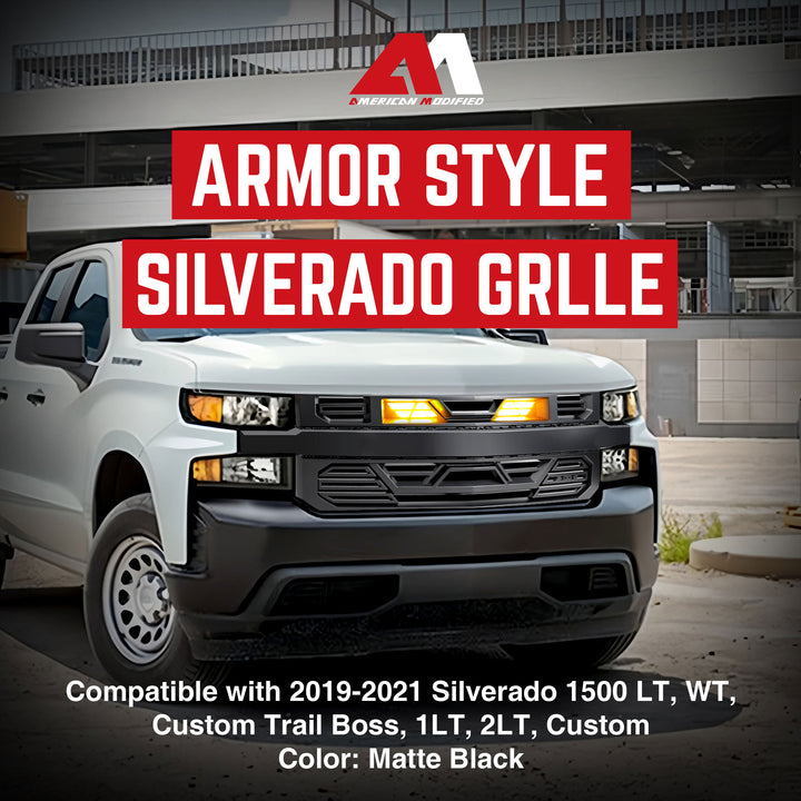 AMERICAN MODIFIED Grille w/Lights for 19-21 Chevy Silverado 1500 Black(Open Box)