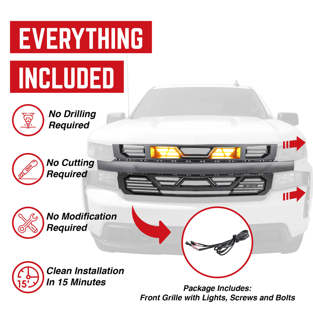 AMERICAN MODIFIED Grille w/Lights for 19-21 Chevy Silverado 1500 Black(Open Box)