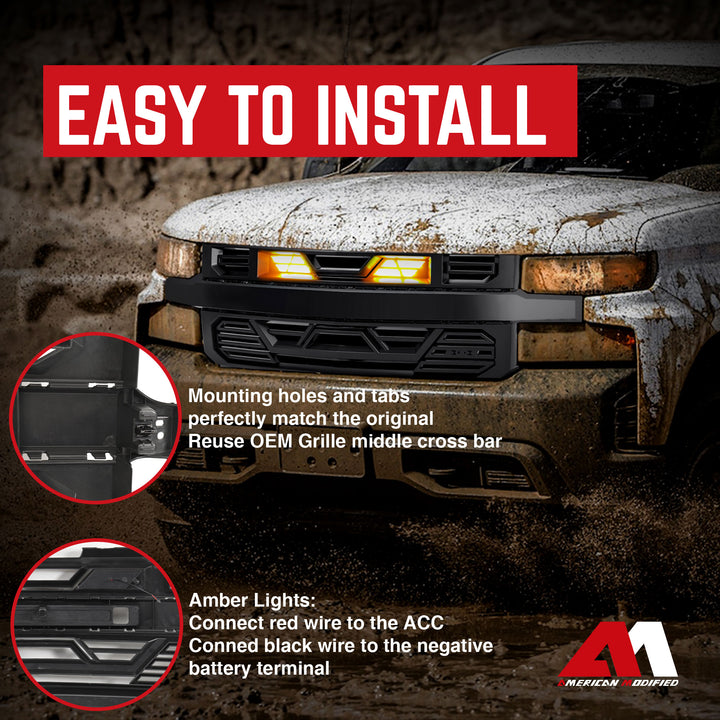 AMERICAN MODIFIED Grille w/Lights for 19-21 Chevy Silverado 1500 Black(Open Box)