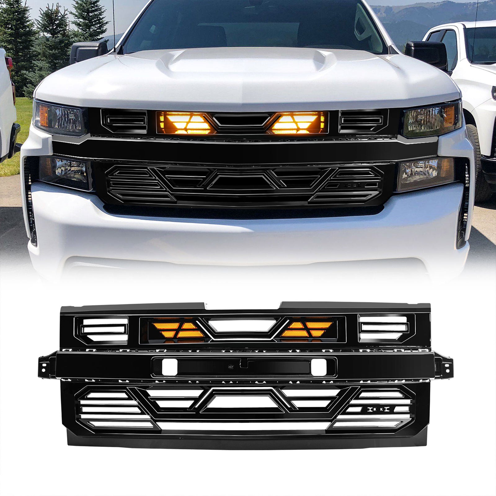 AMERICAN MODIFIED Grille w/Lights for 19-21 Chevy Silverado 1500, Glossy Black - VMInnovations