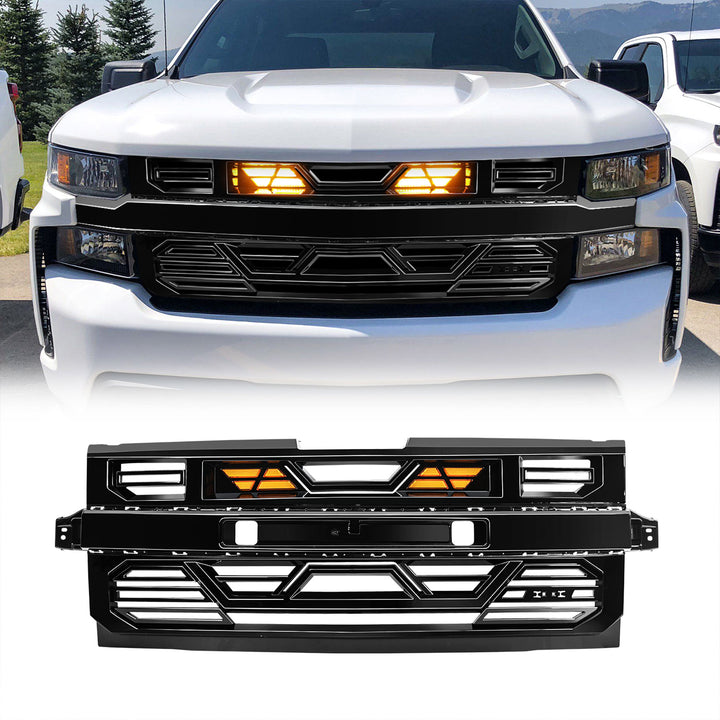 AMERICAN MODIFIED Grille w/Lights for 19-21 Chevy Silverado 1500, Glossy Black