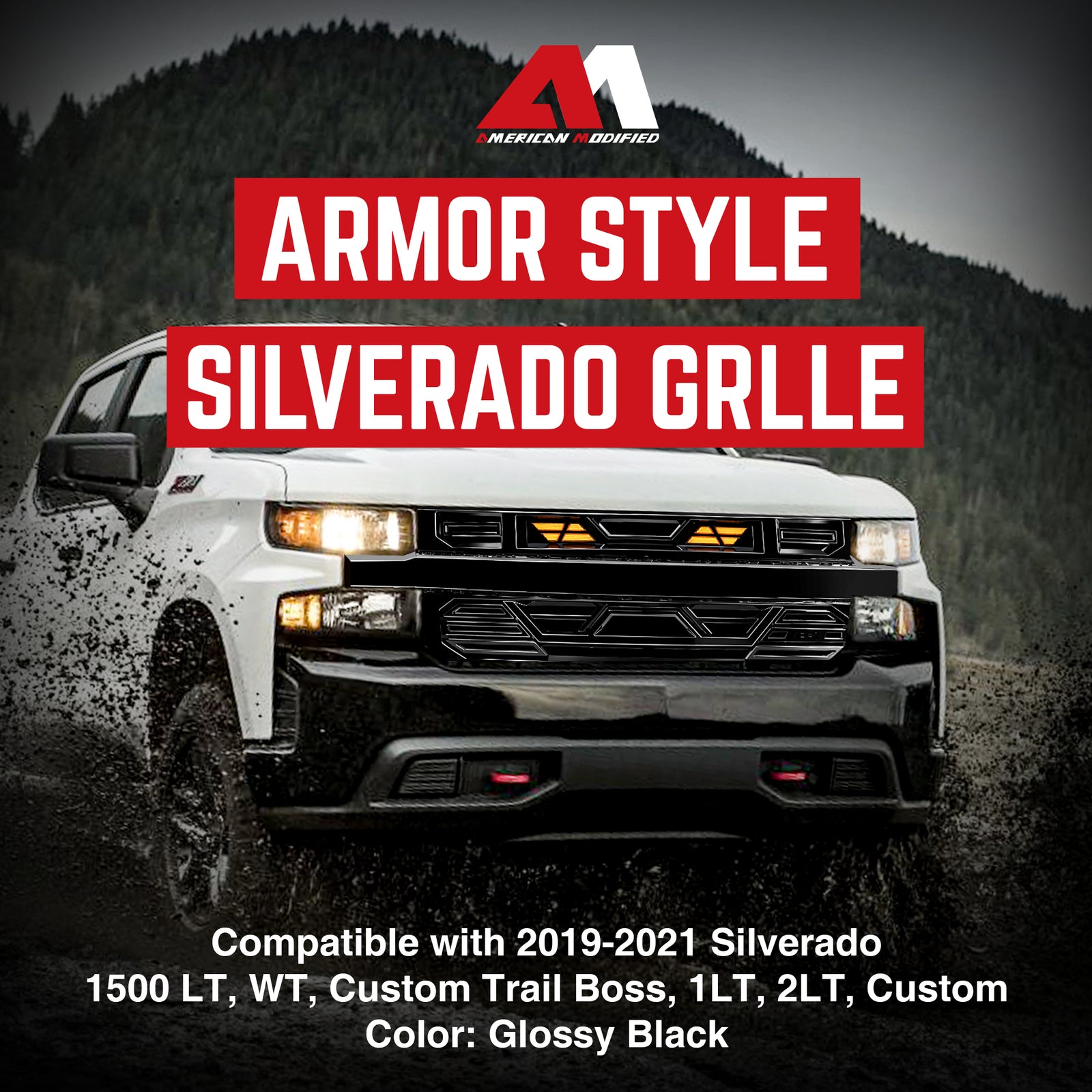 AMERICAN MODIFIED Grille w/Lights for 19-21 Chevy Silverado 1500, Glossy Black - VMInnovations