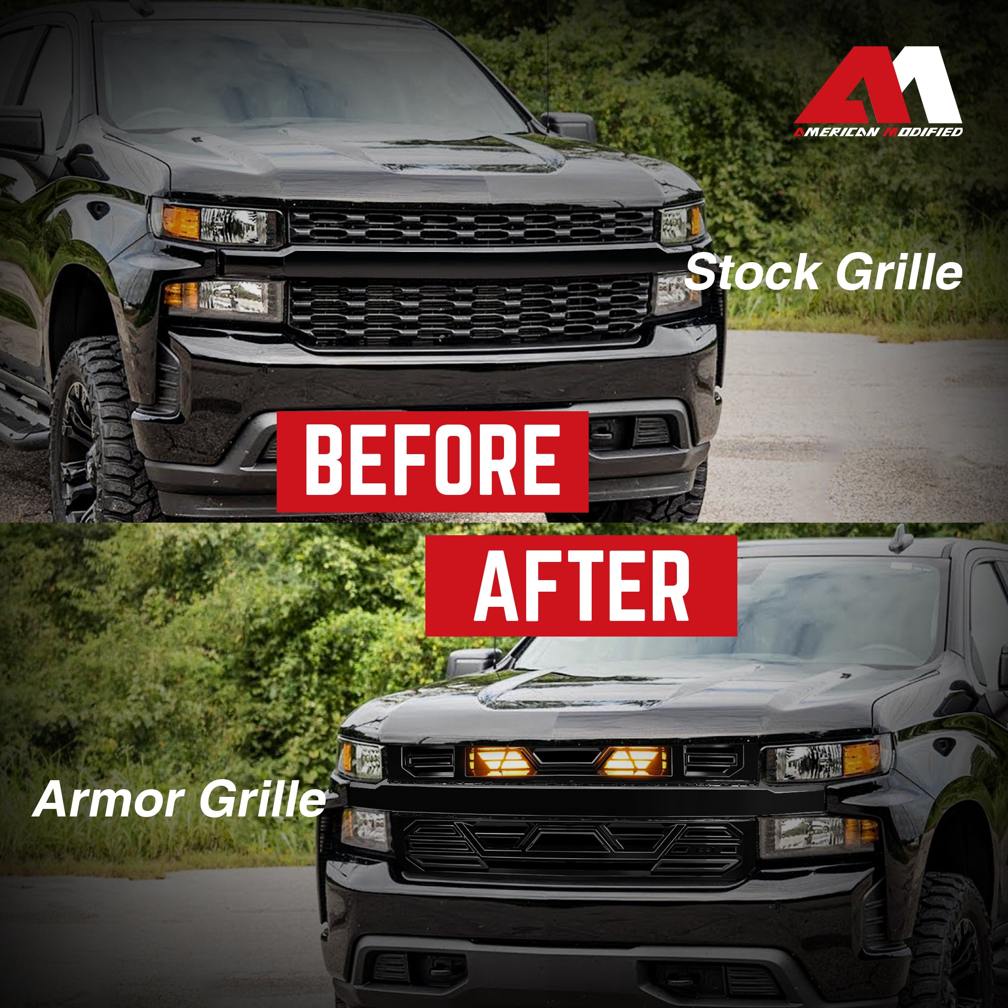 AMERICAN MODIFIED Grille w/Lights for 19-21 Chevy Silverado 1500, Glossy Black - VMInnovations