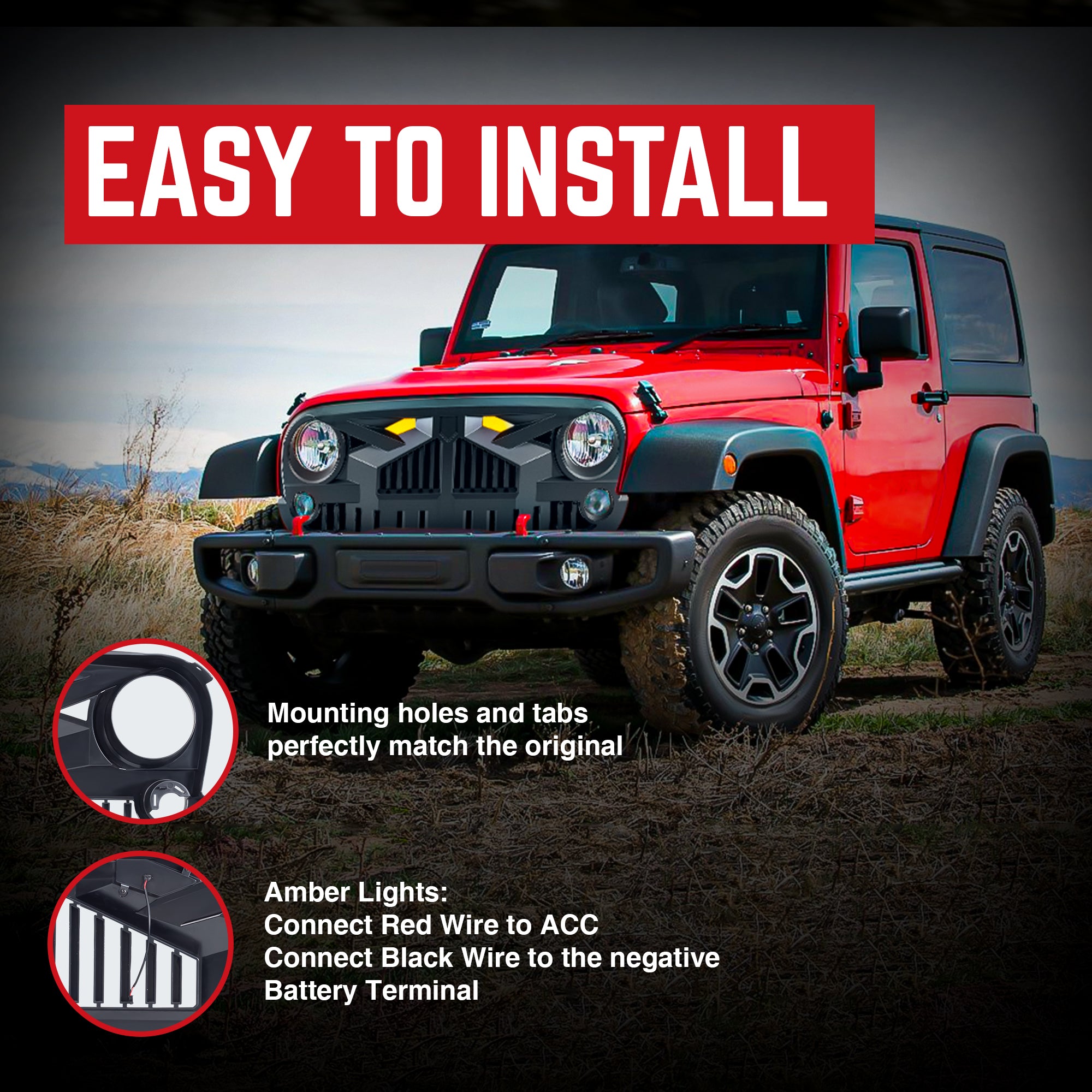 AMERICAN MODIFIED Empire Grille 07-18 Jeep Wrangler JK w/ Amber LED, Matte Black - VMInnovations