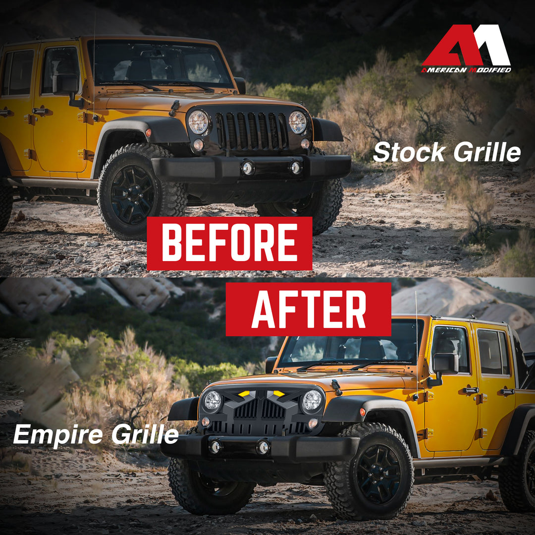 AMERICAN MODIFIED Grille 07-18 Jeep Wrangler JK w/Amber LED, Black (Open Box)
