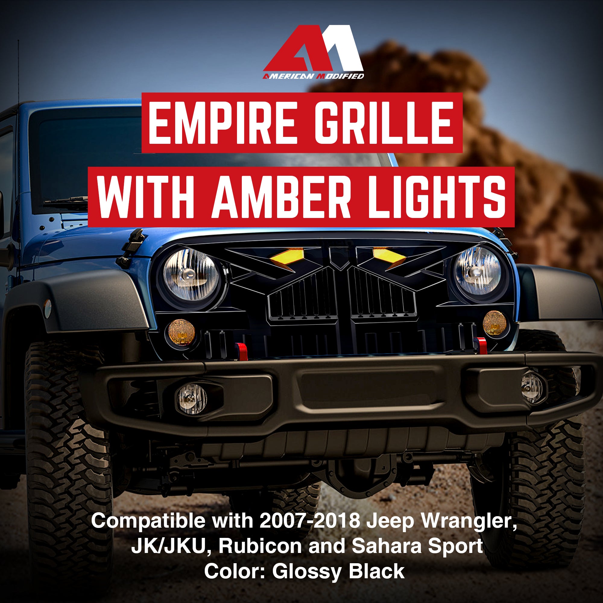 AMERICAN MODIFIED Empire Grille 07-18 Jeep Wrangler JK w/Amber LED, Glossy Black - VMInnovations