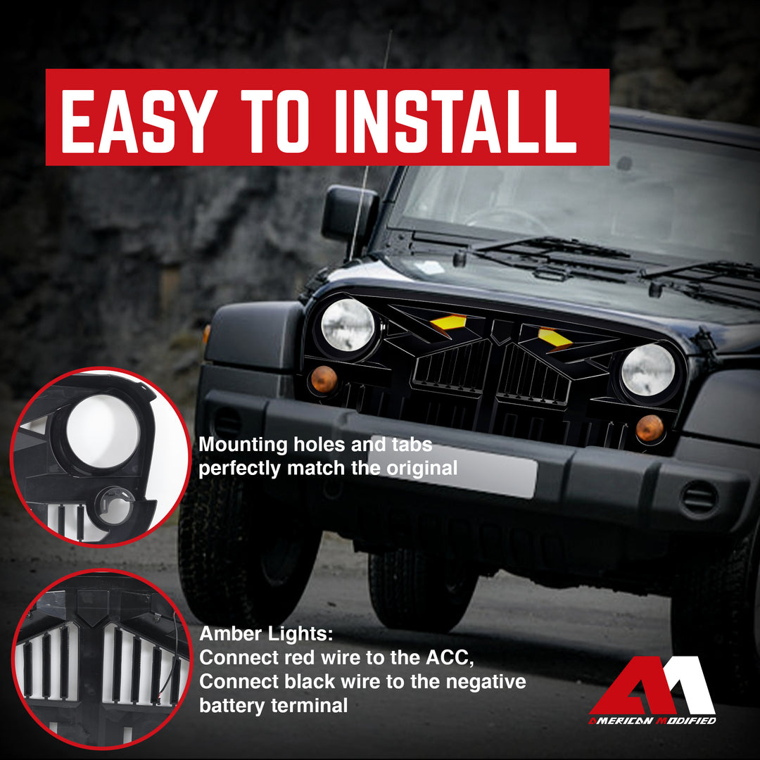 AMERICAN MODIFIED Empire Grille 07-18 Jeep Wrangler JK w/Amber LED, Glossy Black