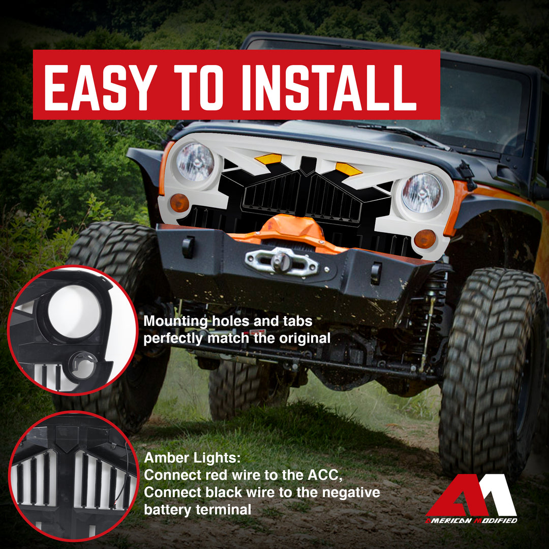 AMERICAN MODIFIED Empire Grille 07-18 Jeep Wrangler JK w/ Amber LED, White Black