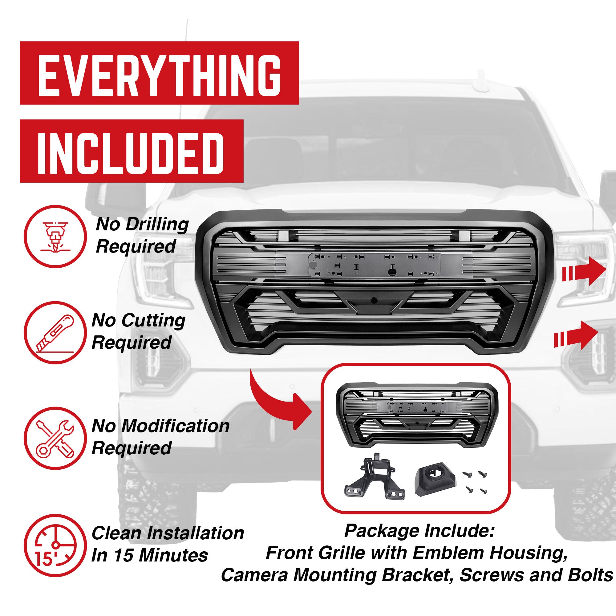 AMERICAN MODIFIED Grille w/Emblem Base, 19-21 GMC Sierra 1500, Matte Black(Used) - VMInnovations