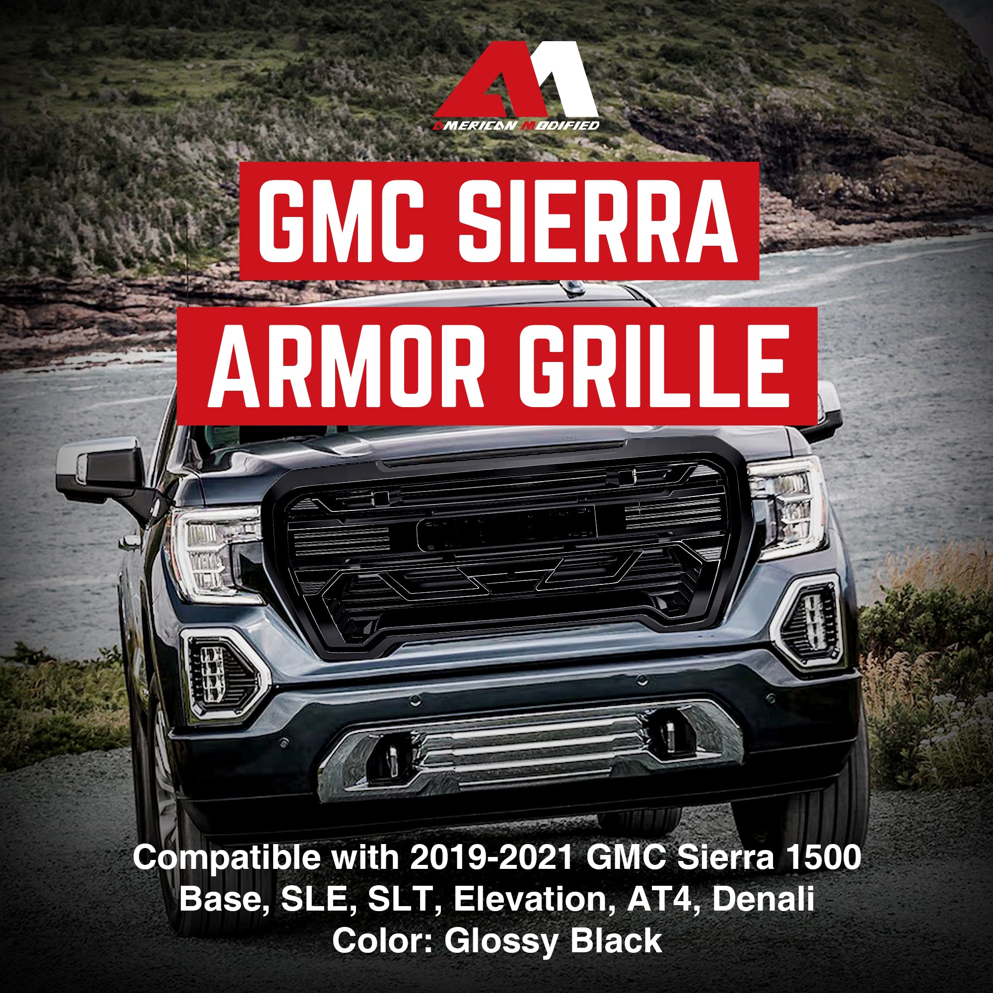 AMERICAN MODIFIED Grille w/Emblem Base, 2019-2021 GMC Sierra 1500, Glossy Black - VMInnovations