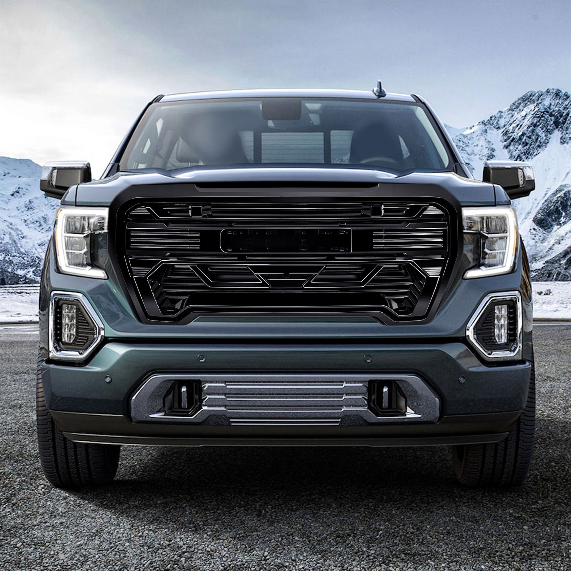 AMERICAN MODIFIED Grille w/Emblem Base, 2019-2021 GMC Sierra 1500, Glossy Black - VMInnovations