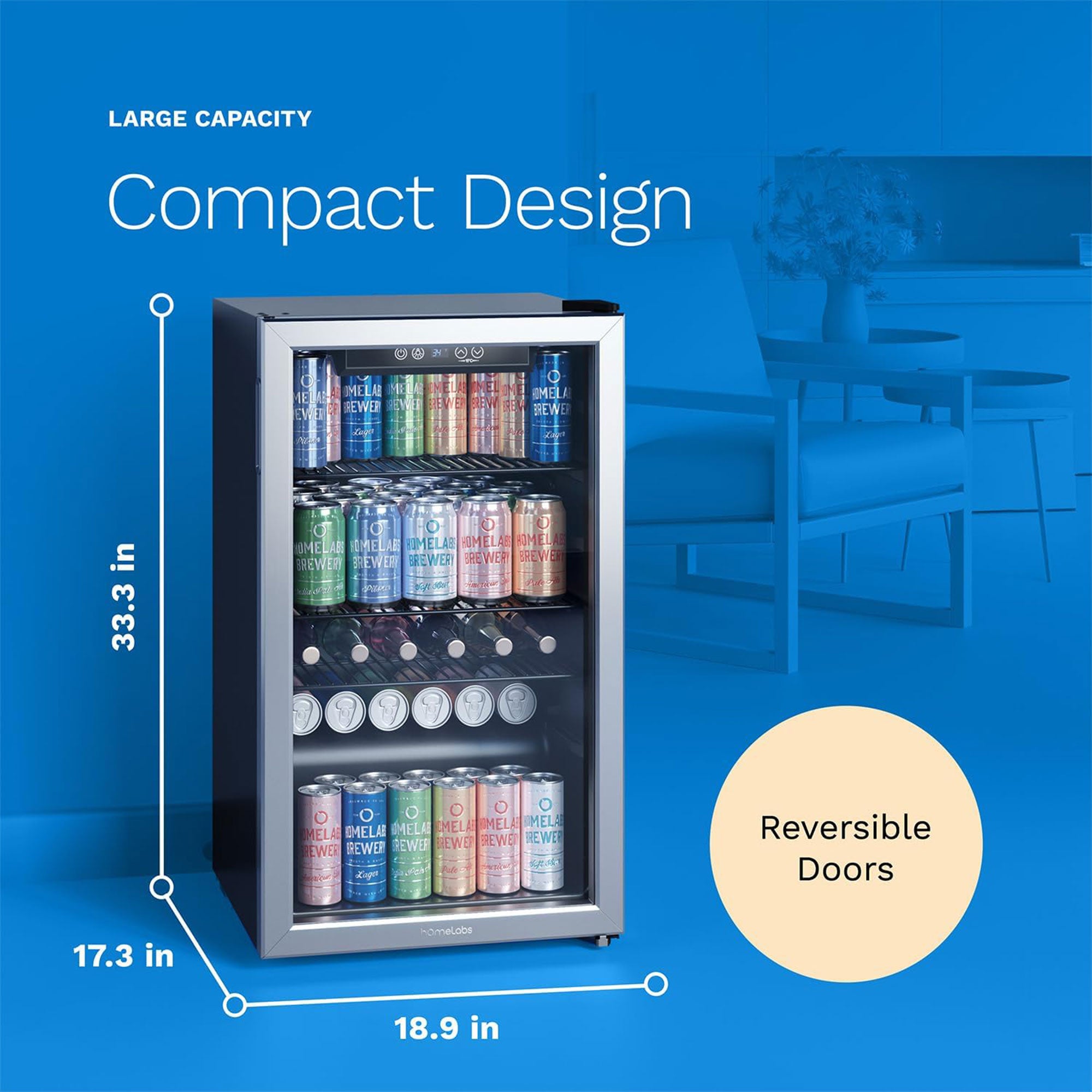 hOmeLabs 120 Can Beverage Refrigerator Cooler Glass Door Mini Fridge, 3.2 Cu Ft - VMInnovations