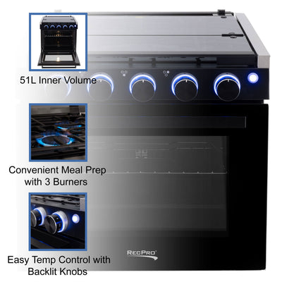 RecPro 17" Tall 3 Burner Propane RV Stove Gas Range without Range Hood, Black