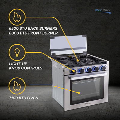 RecPro 17" Tall 3 Burner Propane RV Stove Gas Range without Range Hood, Black